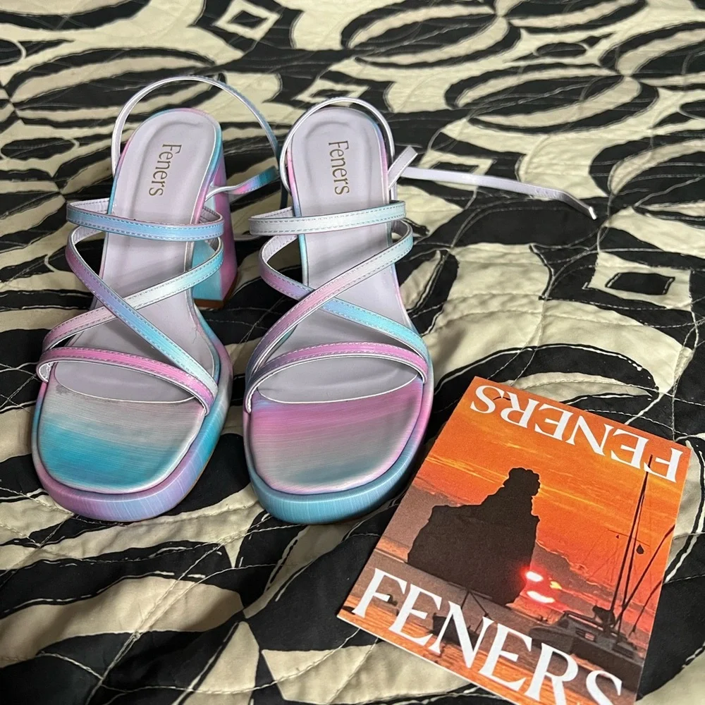 Feners “Le Disco” Iridescent Pastel Strappy Block Heel Sandals - Picture 2 of 7